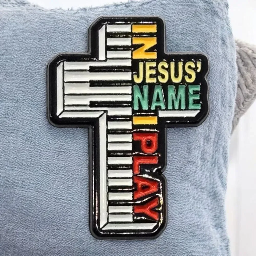 Christian Enamel Pin – Piano Cross In Jesus Name I Play – Faith Religious Music